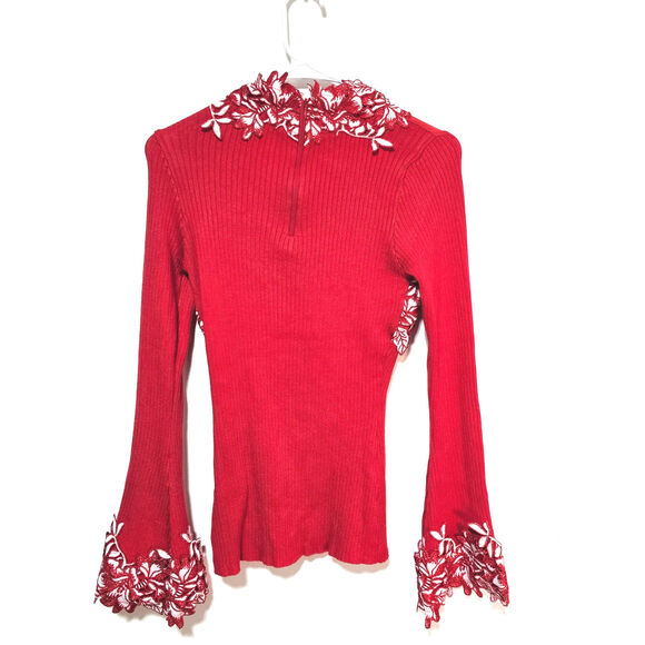 Venus Sweater Y2K Large Red White 3D Floral Appliqué Lace Stretch Women's Sz Med - Picture 3 of 9